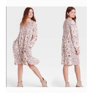 Knox Rose M Cream Pink Floral Smocked boho prarie Long Sleeve Mini Dress